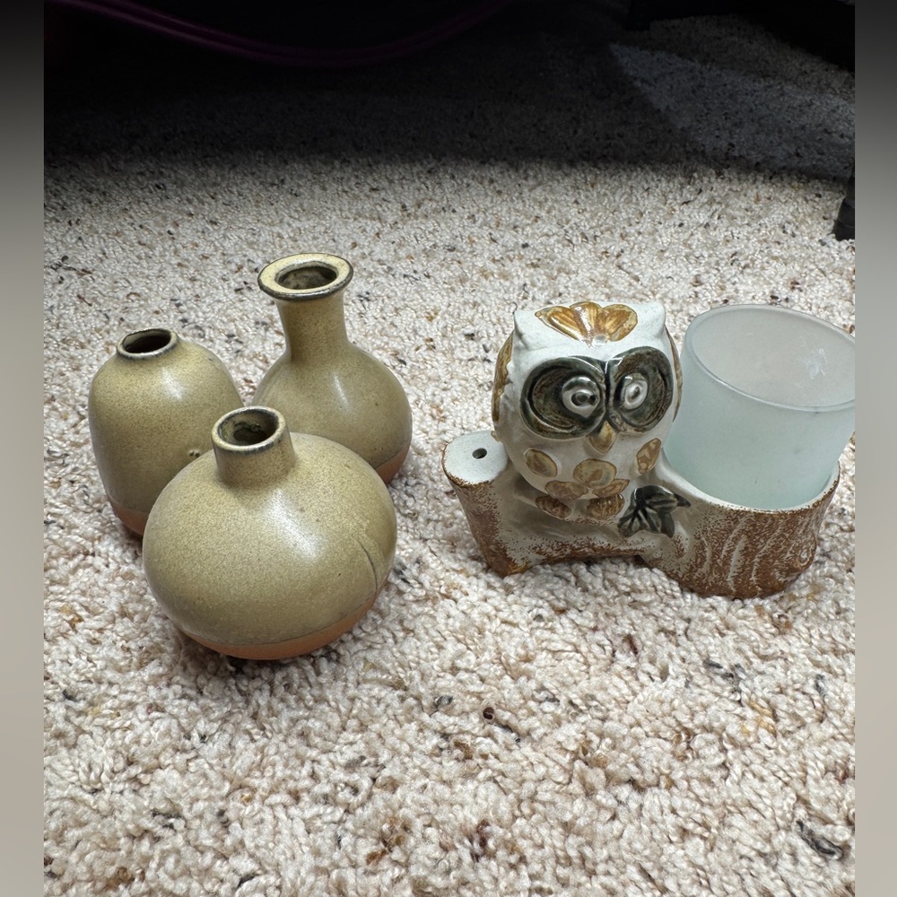 Pottery attached vases and owl tealight holder Japan lot of 2